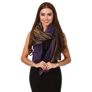 Fraas Wool Metallic Woven Wide Scarf Wrap Purple Gold Made in Germany Luxury